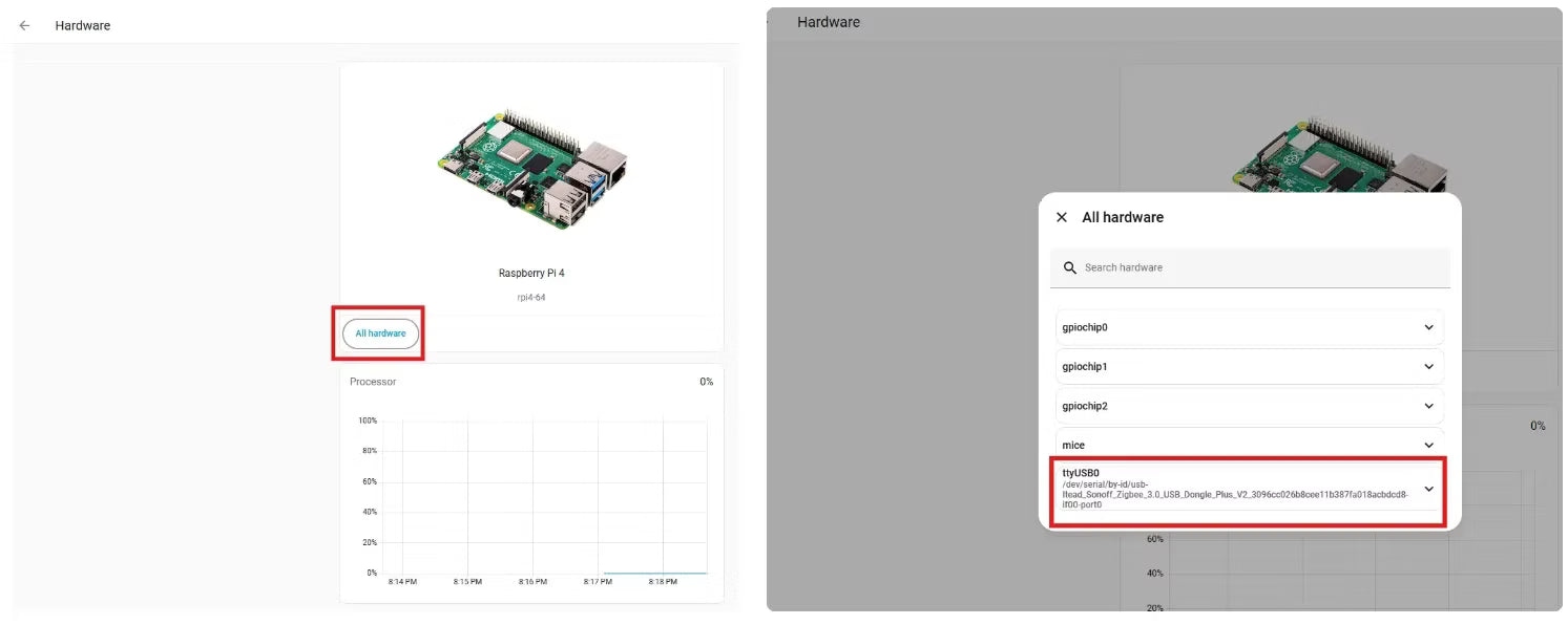 find the coordinator port in Hardware of Home Assistant